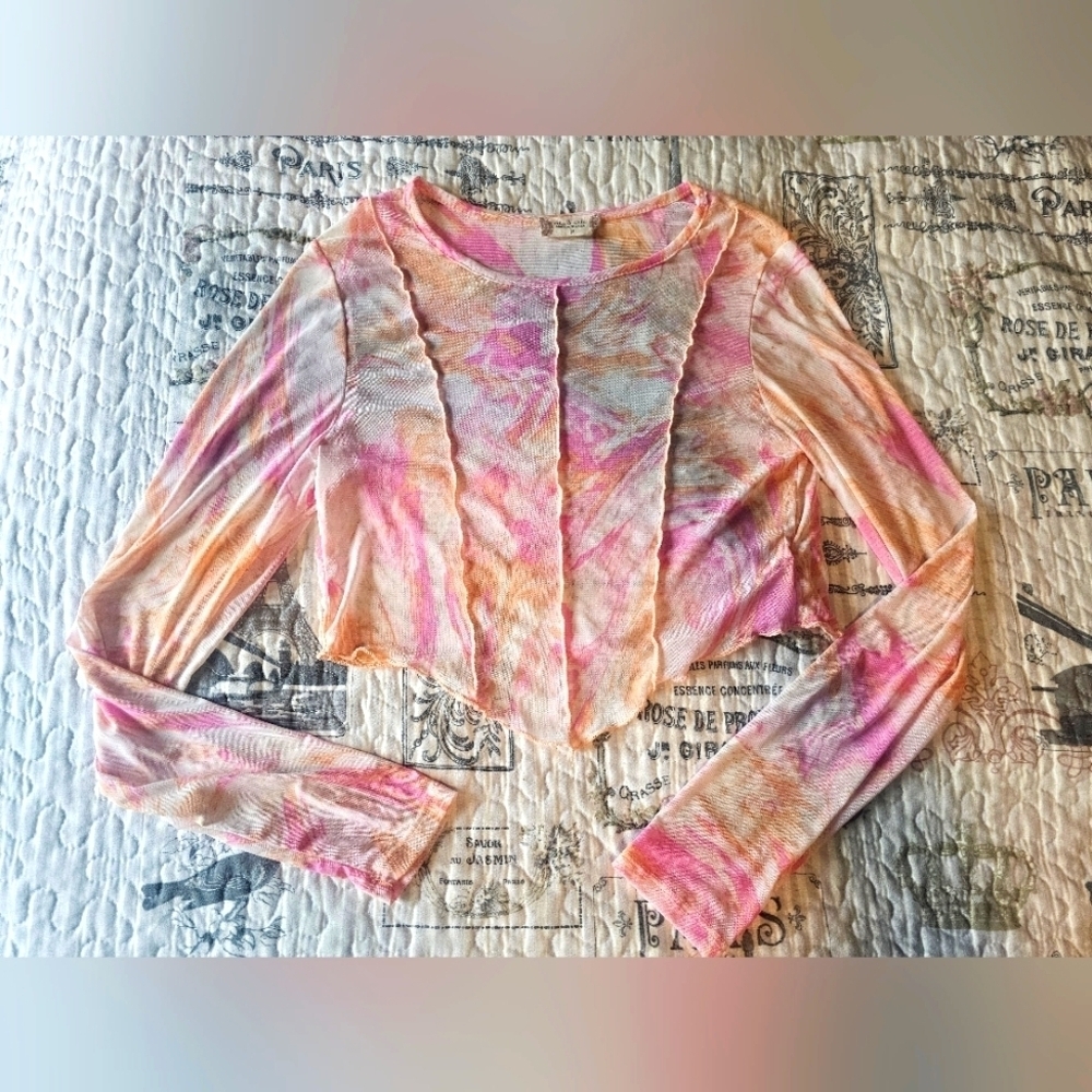 Altar’d State Mesh Sheer Tie-Dye Top Size M Pink Peach Swirl Long Sleeve
